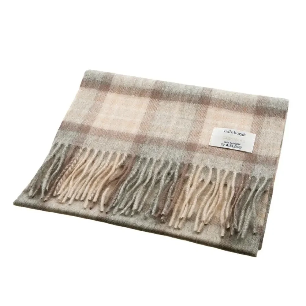 NEW EDINBURGH Beige Soft Blue Tan Cashmere Tartan Plaid Tassel Cozy Scarf Wrap